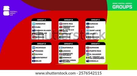 Table of Central American countries participating in the qualification for the 2026 World Cup on an abstract figure background. Icons with participant flags