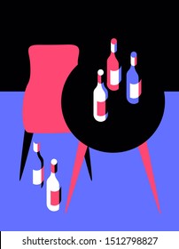 Table, chair and bottles, top view. Set of items. Vector illustration