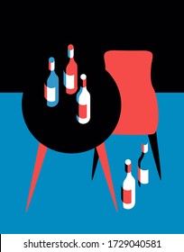 Table, chair and bottles, top view. Set of items. Vector illustration