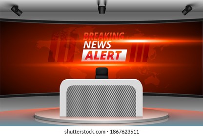 Table And Chair With Breaking News Alert On Lcds Background In The News Studio