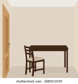 Table and chair in an empty room with a closed door