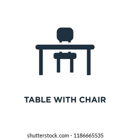 Table with chair icon. Black filled vector illustration. Table with chair symbol on white background. Can be used in web and mobile.