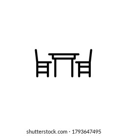 Icono de tabla y silla en el estilo de línea negra, estilo aislado en fondo blanco
