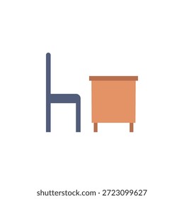 Ilustración de mesa y silla. Ilustración de muebles planos simples sobre fondo blanco. Escritorio y silla para tema escolar