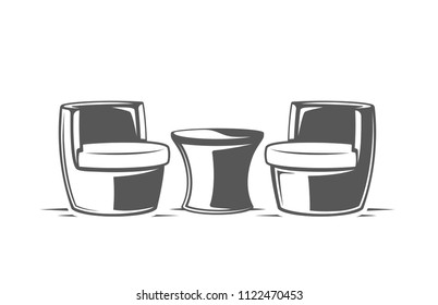 Table and chair isolated on white background. Symbols for furniture design logos and emblems. Vector illustration