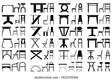 Tisch und Stuhl für die Küche, Büro, Café, Restaurant. Satz von Vektorsymbols einzeln auf Weiß, Silhouette-Stil. Möbel für Essen, Schreiben.