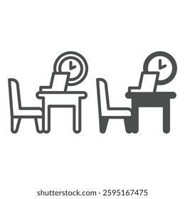 Table with chair and laptop line and solid icon, remote work concept. Vector graphics. Personal workplace with computer and clock sign on white background, outline style icon for mobile or web design