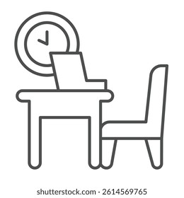 Table with chair and laptop thin line icon, remote work concept. Vector graphics. Personal workplace with computer and clock sign on white background, linear style icon for mobile or web design