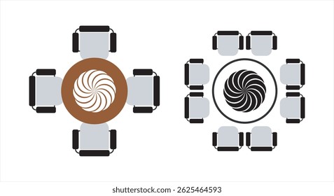 table chair meating, Round table with chairs icons set. Table for business meetings. Vector illustration isolated on white background, Set of plan for arranging seats couch and tables in interior,