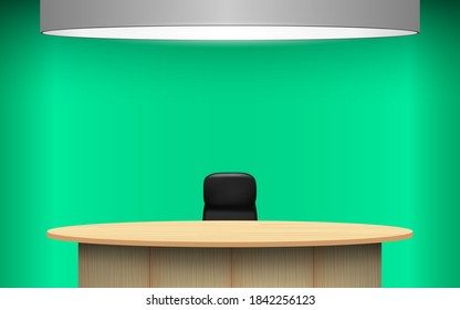 Table And Chair In News Studio Room With The Green Background