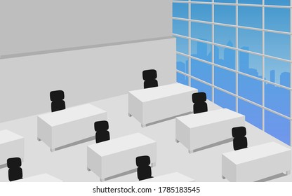 Tisch und Stuhl im Büro auf dem hohen Gebäude