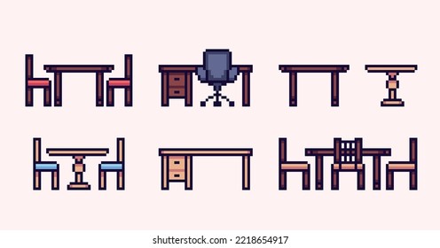 Tisch- und Stuhlpixelart. Esszimmer, Büromöbelkollektion. 8-Bit-Sprite. Spielentwicklung, mobile App.  Einzige Vektorgrafik.