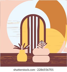 a table with a chair and a plant on it