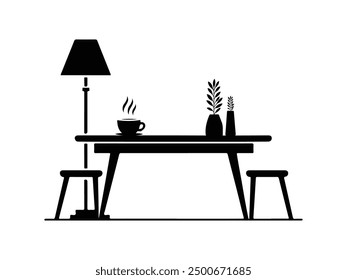 A table and chair silhouette vector illustration. Interior of the cafe. Vector Black Illustration Isolated On White Background.