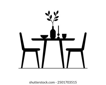 A table and chair silhouette vector illustration. Interior of the cafe. Vector Black Illustration Isolated On White Background.