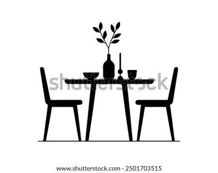 A table and chair silhouette vector illustration. Interior of the cafe. Vector Black Illustration Isolated On White Background.