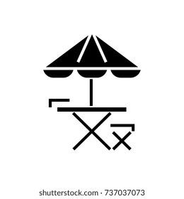 table, chair and sun umbrella icon, vector illustration, black sign on isolated background