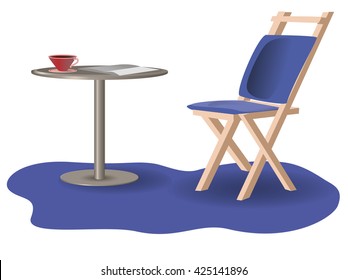 Table and chair. Trendy Wooden chair and table, vector illustration. Interior items for the home, cafe, restaurant. Convenient fashionable furniture. On the table is a cup of coffee and open book.