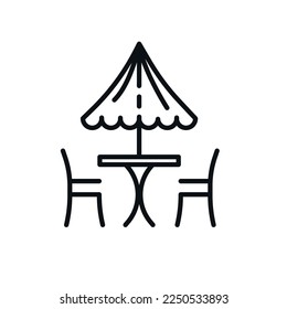 Table with chair and umbrella icon. Street food concept, cafe symbol for web and mobile on white background, Vector graphics.
