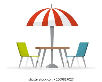 Table and chair under the red umbrella. Street cafe concept. Comfort place.