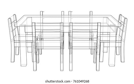 Table with chairs for 6 people. Vector rendering of 3d. Wire-frame style. The layers of visible and invisible lines are separated