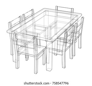Table with chairs for 6 people. Wire-frame style. The layers of visible and invisible lines are separated