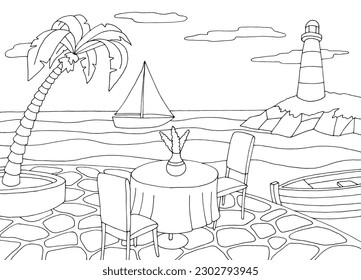 Table and chairs of a cafe by the sea graphic black white landscape sketch illustration vector