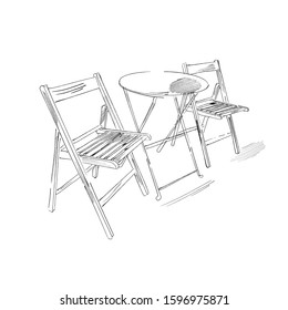 table and chairs for cafe, hand-drawn, sketch, garden furniture