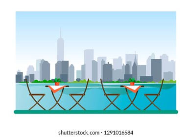 Table and chairs of the cafe overlooking the city and skyscrapers with the ocean. Vector illustration