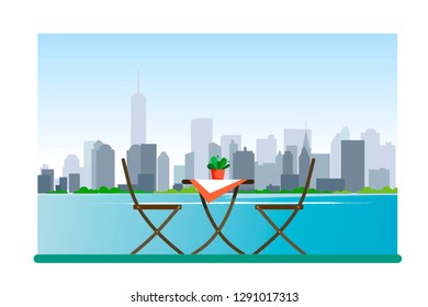 Table and chairs of the cafe overlooking the city and skyscrapers with the ocean. Vector illustration