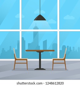 Table and chairs. Cafe or restaurant interior with window and cityscape. Vector illustration.