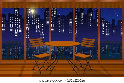 table and chairs in the cafe at the riverside in the city