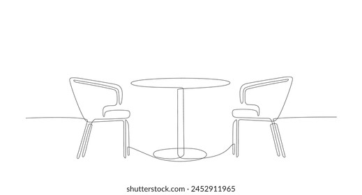 Mesa y sillas en estilo de dibujo de una sola línea continua. Dibujo de una línea del interior del restaurante, cafetería, comedor, cocina con muebles de trazo editable Dibujar a mano el contorno de los muebles interiores