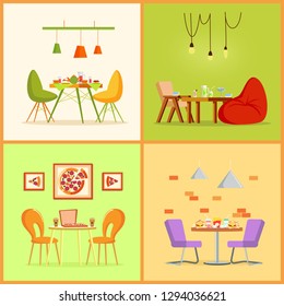 Table and chairs in flat with pizza, burgers and french fries, tea and cocktails. Glass and ceramic dishes on board, hanging lamps, place for eating vector