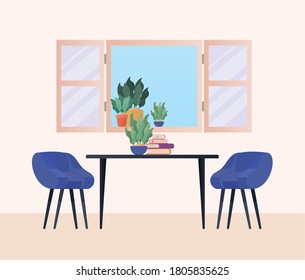 table with chairs in front of window design, Home room decoration interior living building apartment and residential theme Vector illustration