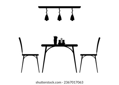 Table, chairs and hanging lamp icon. Black silhouette. Front side view. Vector simple flat graphic illustration. Isolated object on a white background. Isolate.