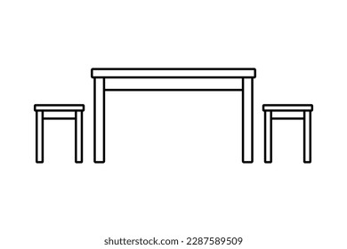 Table and chairs icon. Black contour linear silhouette. Front side view. Editable strokes. Vector simple flat graphic illustration. Isolated object on a white background. Isolate.