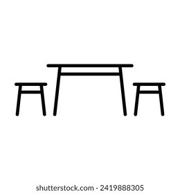 Table and chairs icon. Black contour linear silhouette. Editable strokes. Front side view. Vector simple flat graphic illustration. Isolated object on a white background. Isolate.