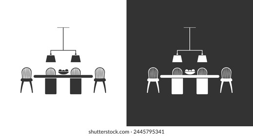 Table and chairs icon. Black and white version. Vector interior furniture flat icon
