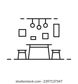 Table and chairs icon. Decor, interior. Black contour linear silhouette. Editable strokes. Front side view. Vector simple flat graphic illustration. Isolated object on a white background. Isolate.