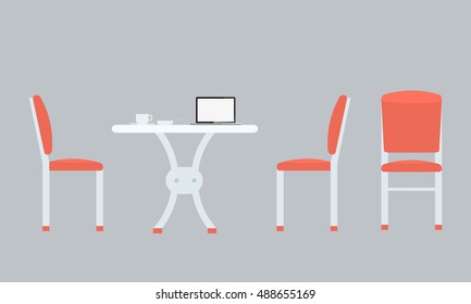 Table with chairs icon. Chairs with front and side view. Cup of coffee and notebook on table. Illustrated vector with flat color style. Isolated with solid color background.