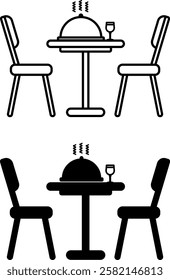Table and Chairs Icons. Black and White Vector Icons. Ready Hot Dish and Glass of Wine on the Table. Furniture. Dinner in a Catering Establishment. Restaurant Concept