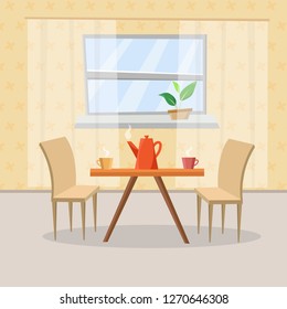 Table with chairs, the interior of the cafe or restaurant. Flat cartoon style vector illustration.