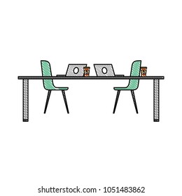 table chairs laptop computers and disposable coffee cups