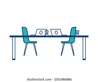 table chairs laptop computers and disposable coffee cups