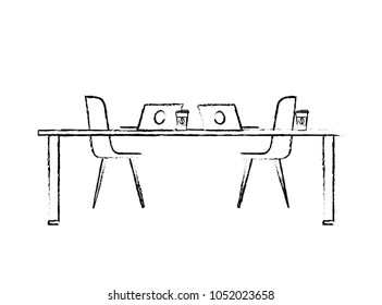 table chairs laptop computers and disposable coffee cups