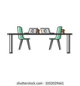 table chairs laptop computers and disposable coffee cups
