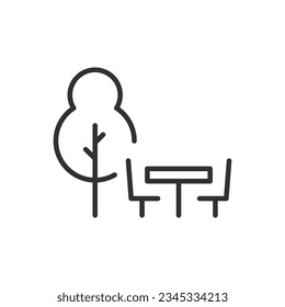 Table and chairs in nature, open space, linear icon. Line with editable stroke