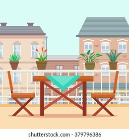 Table and chairs on the balcony. Flat style vector illustration.