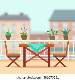 Table and chairs on the balcony. Flat style vector illustration.